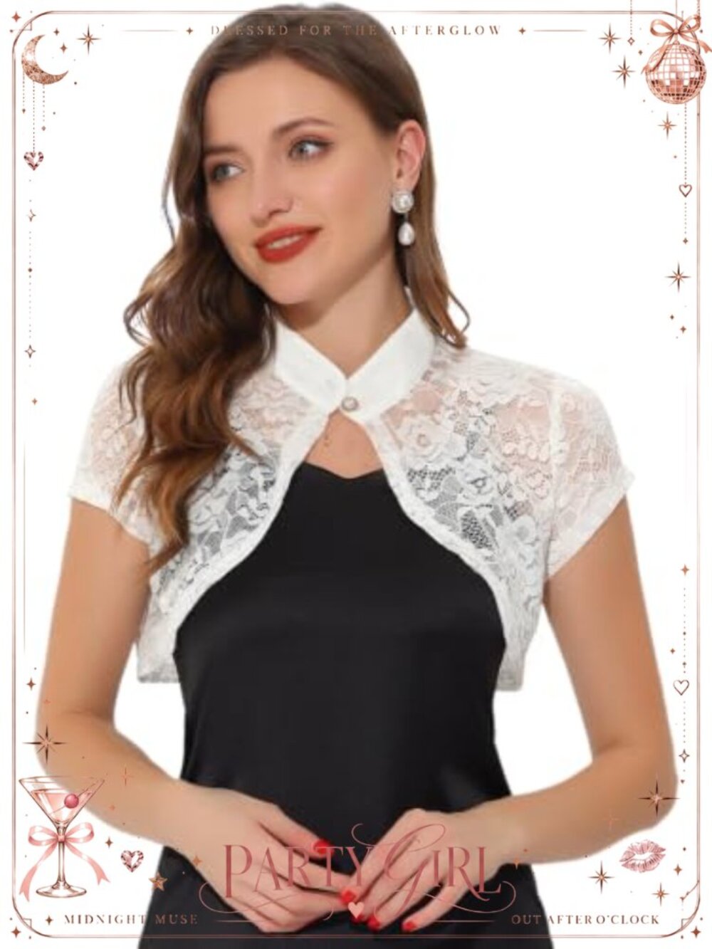 Lace Cardigan Stand Collar Short Sleeve Cropped Bolero Shrug